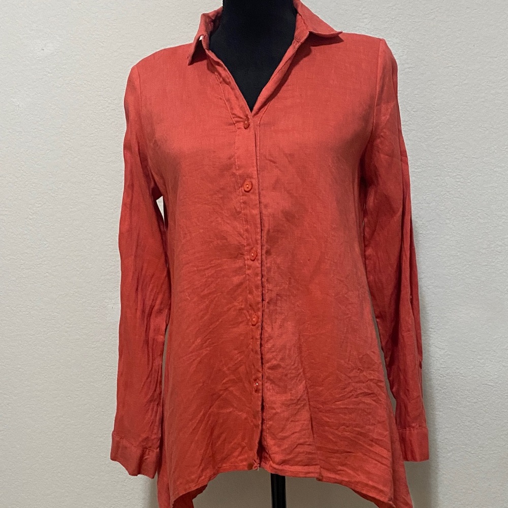 For Cynthia Women's Salmon Button-Up‎ Top 100% Linen